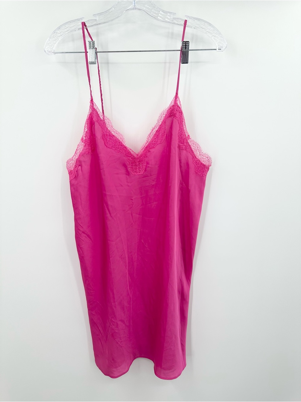 Victoria's Secret Women's Hot Pink Satin Mini Slip Dress Lace Size Large